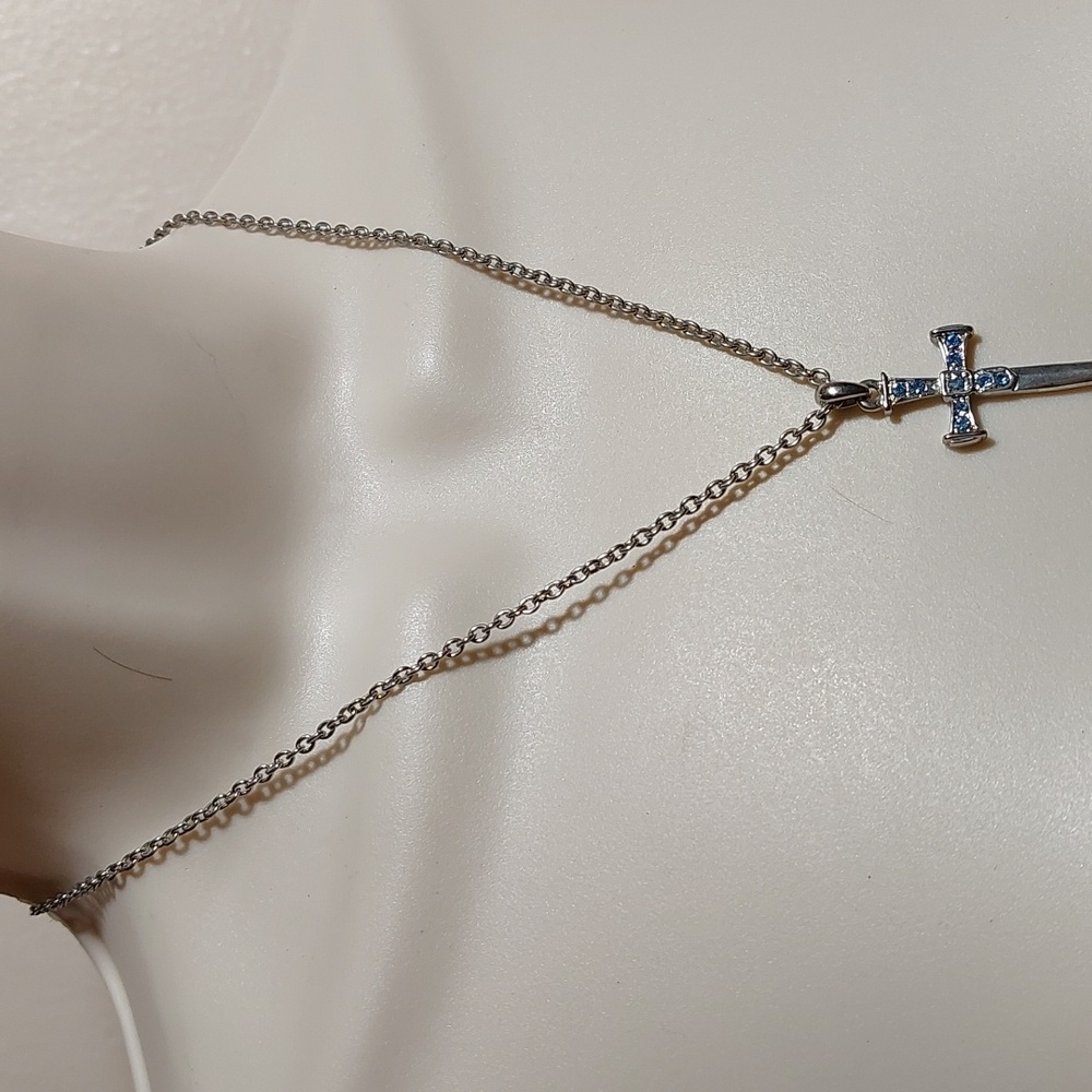 SOLD Blue Rhinestone Nail Shaped Cross Pendant Silver Tone Necklace - Picture 2 of 5